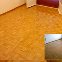 Συντήρηση παλαιού δαπέδου στην Νέα Ιωνία με γυαλιστερό βερνίκι πολυουρεθάνης.